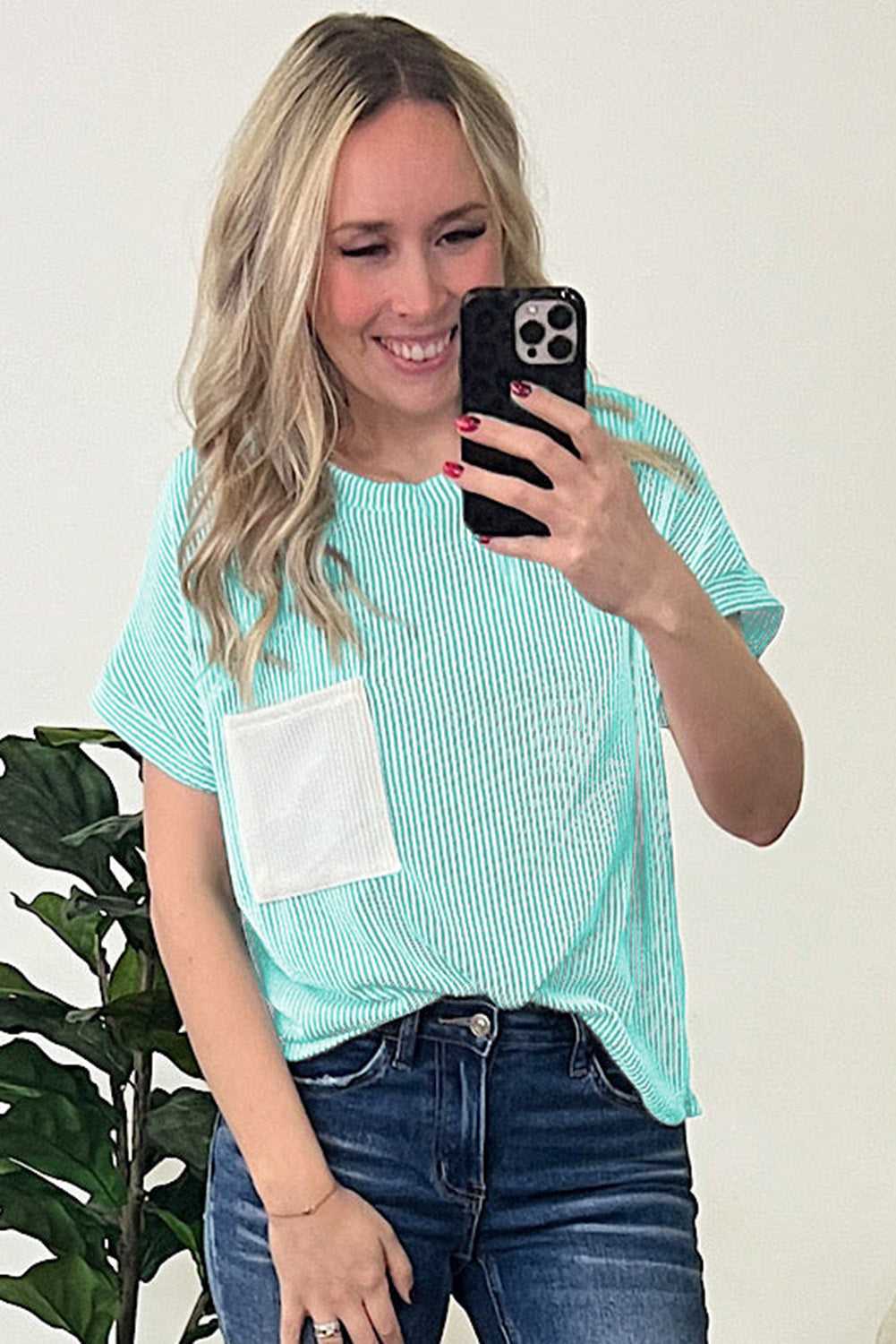 Pink Striped Textured Knit Pocket Casual Tee