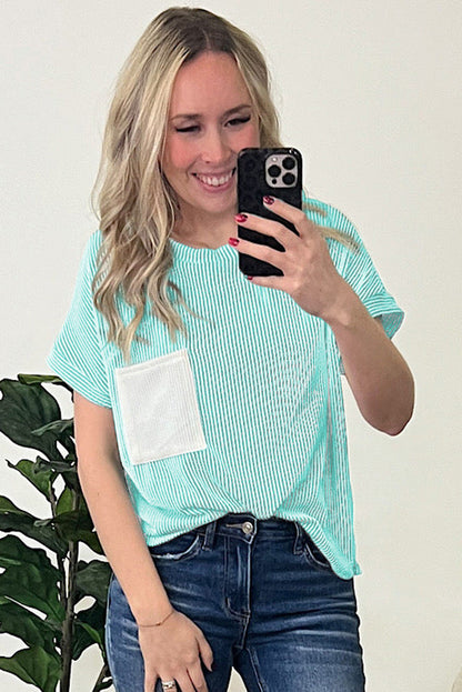 Pink Striped Textured Knit Pocket Casual Tee