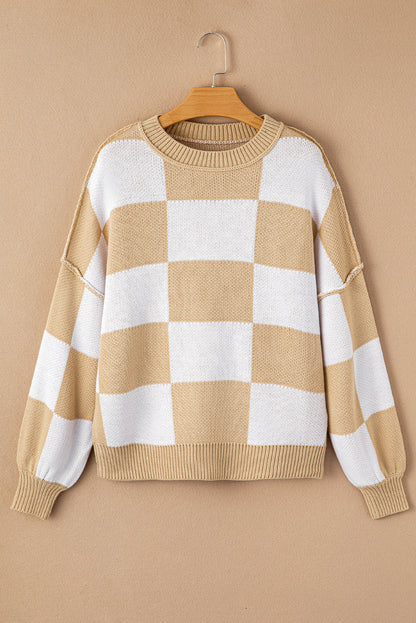 Green Checkered Bishop Sleeve Sweater