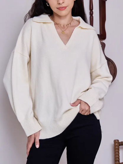 V Neck Collared Knit Sweater Oversized Casual Pullover