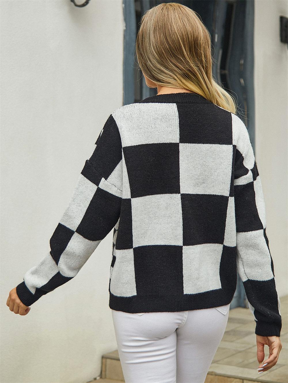 Checkerboard Colorblock Knit Cardigan - Oversized Fit