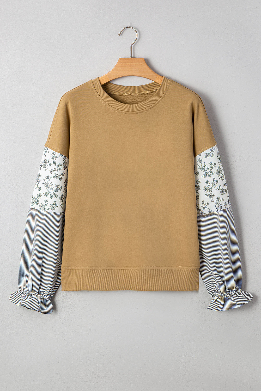Camel Patchwork Floral Striped Ruffle Sleeve Sweatshirt