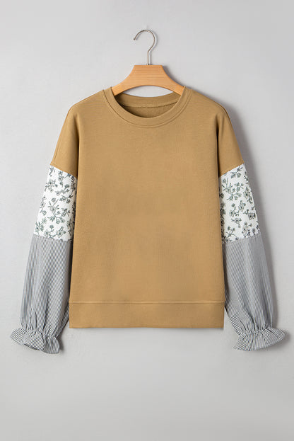 Camel Patchwork Floral Striped Ruffle Sleeve Sweatshirt