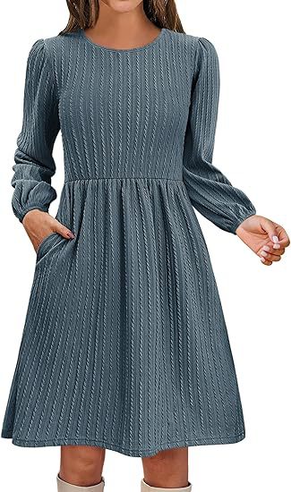 Fall Textured Knit Puff Sleeve A-Line Midi Dress