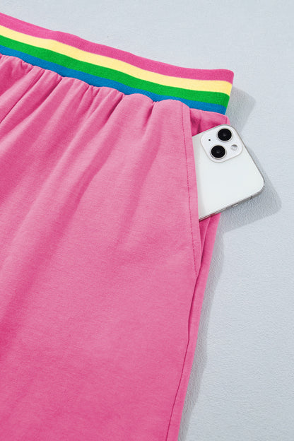 Bright Pink Lounge Set Rainbow Waistband Tee and Shorts