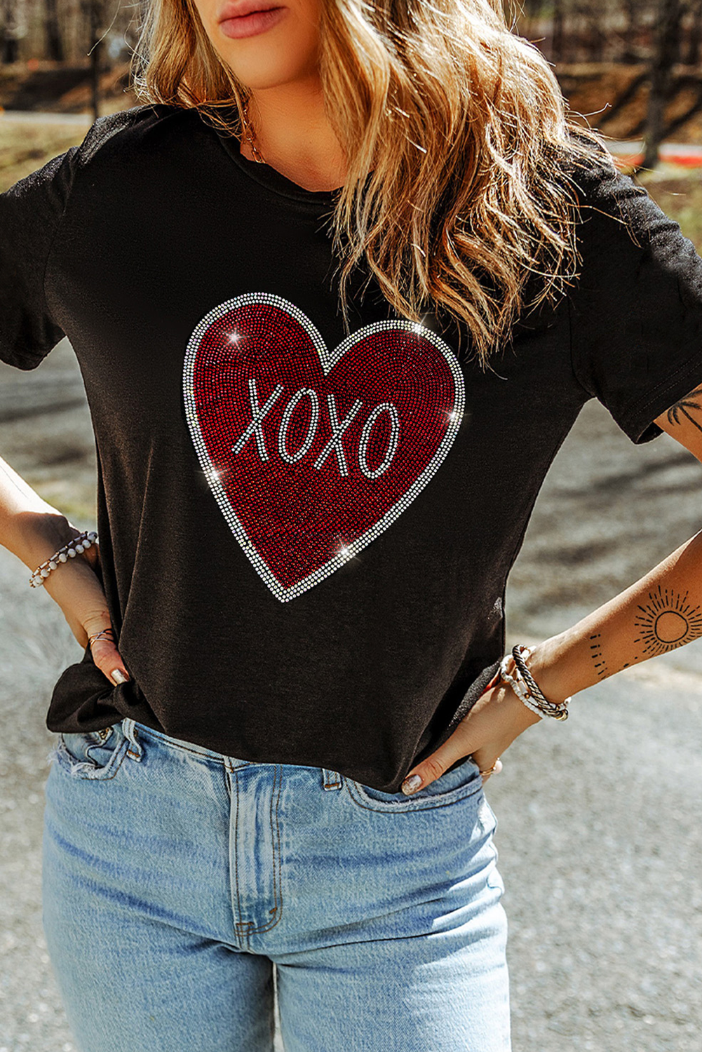 Valentine’s Day Black Rhinestone XOXO Heart Graphic Tee