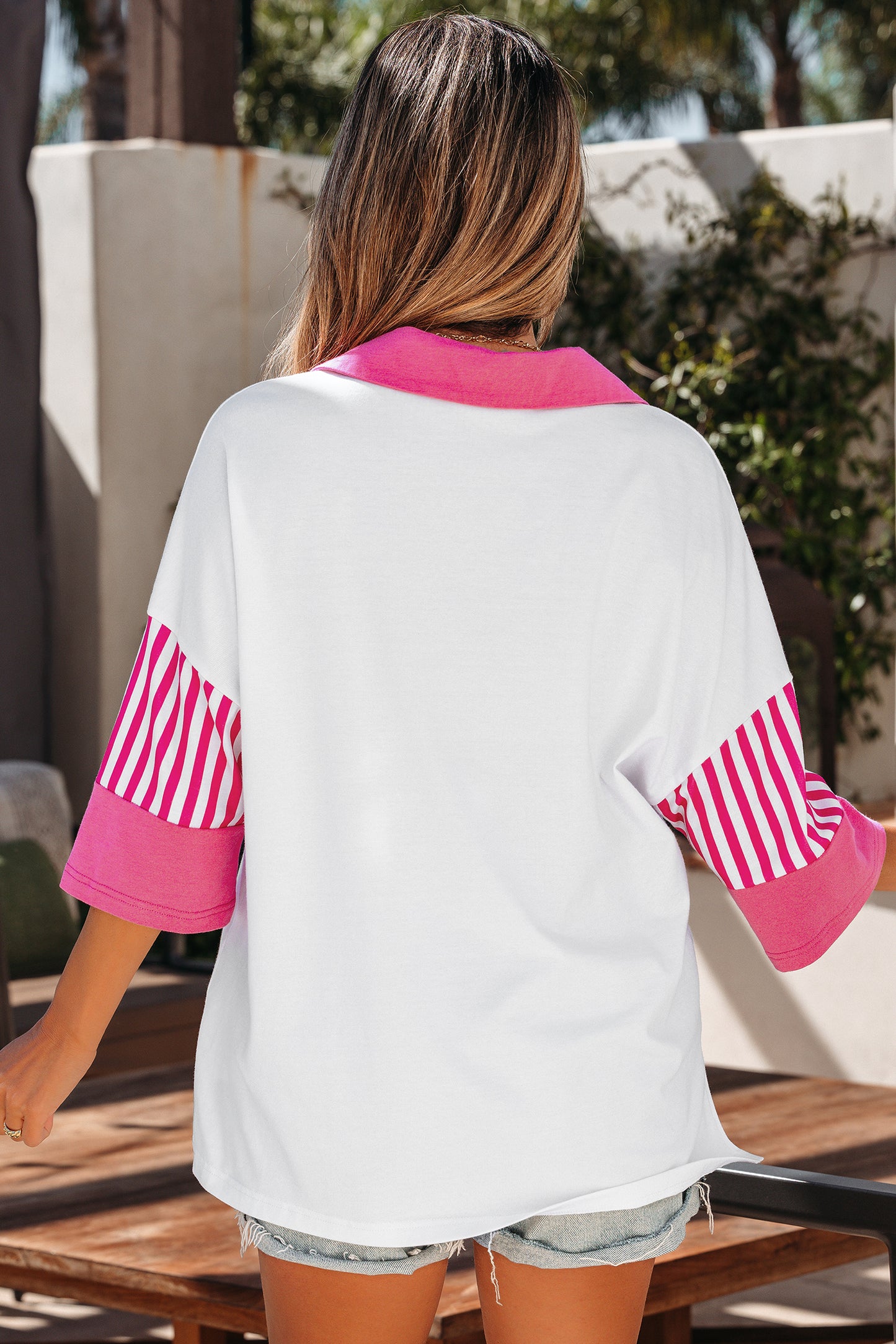 Striped Color Block Polo Collar Half Sleeve T Shirt