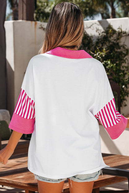 Striped Color Block Polo Collar Half Sleeve T Shirt
