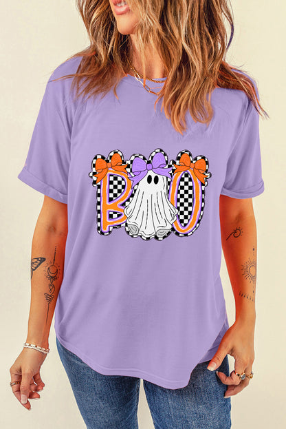 Purple Boo Ghost Halloween Graphic Tee with Bow Design