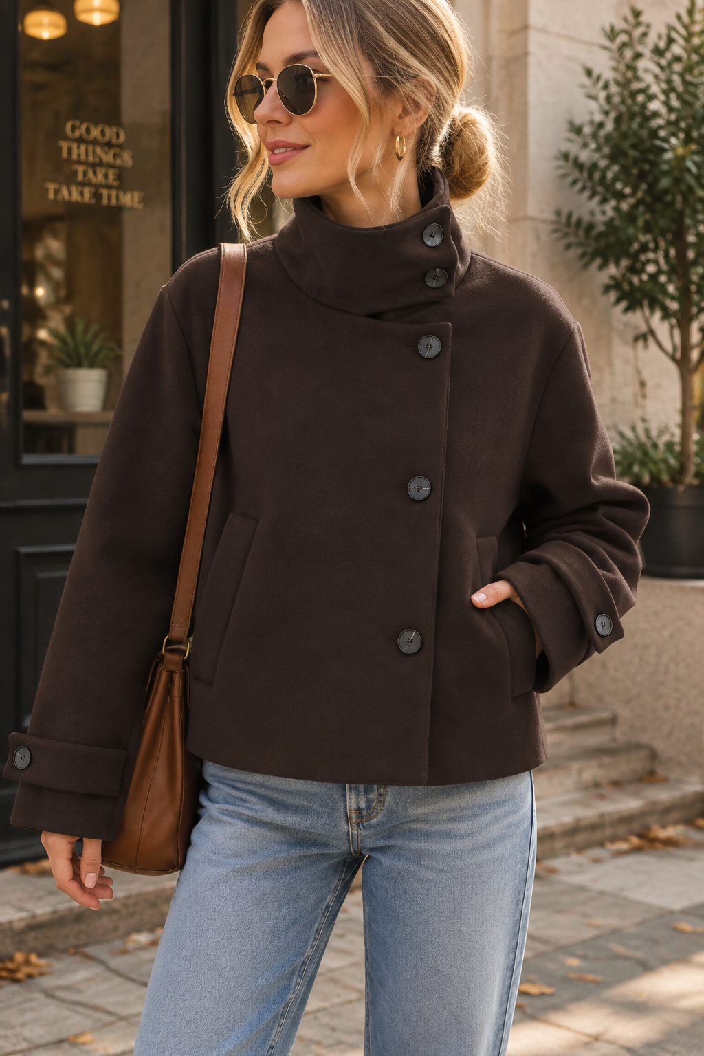 Women's Oversized Stand Collar Wool Blend Cropped Jacket