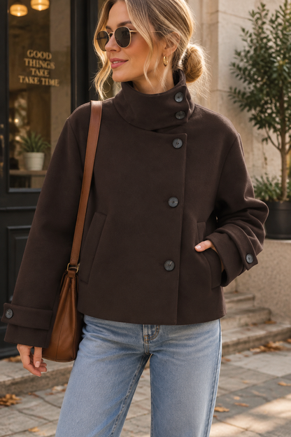 Women's Oversized Stand Collar Wool Blend Cropped Jacket