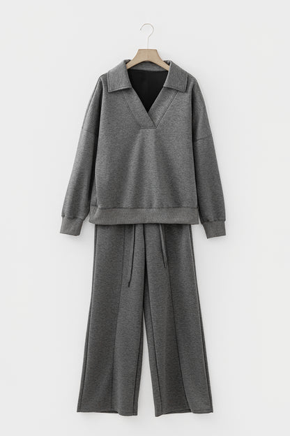 V Neck Collared Sweatshirt and Sweatpants Lounge Set