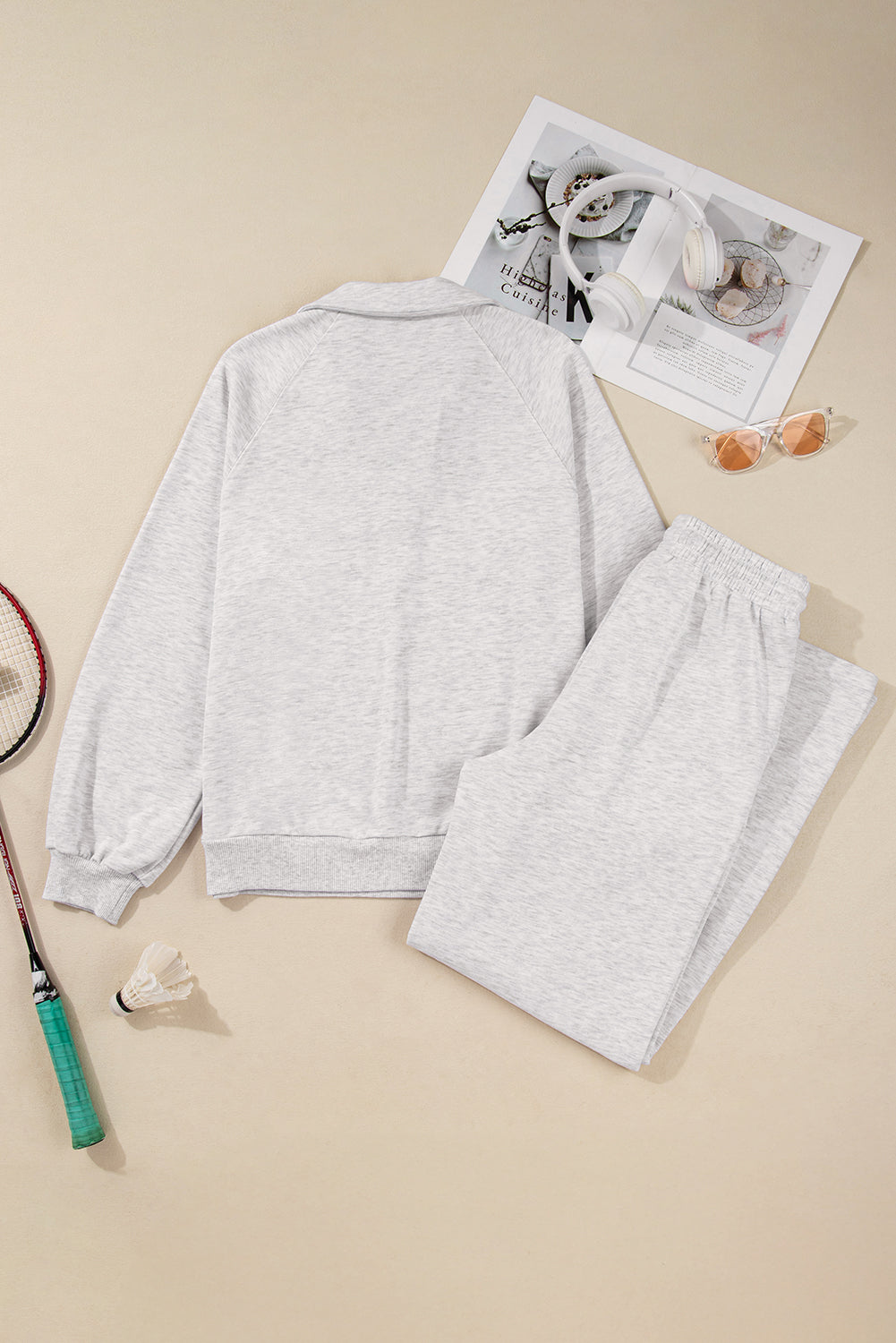 Light Grey Polo Collar Pullover & Drawstring Sweatpants Set