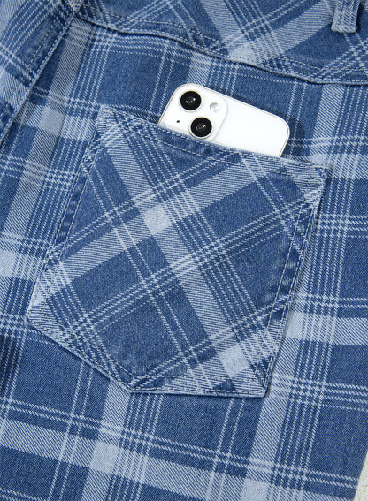 Plaid Denim Drawstring Wide Leg Utility Jeans