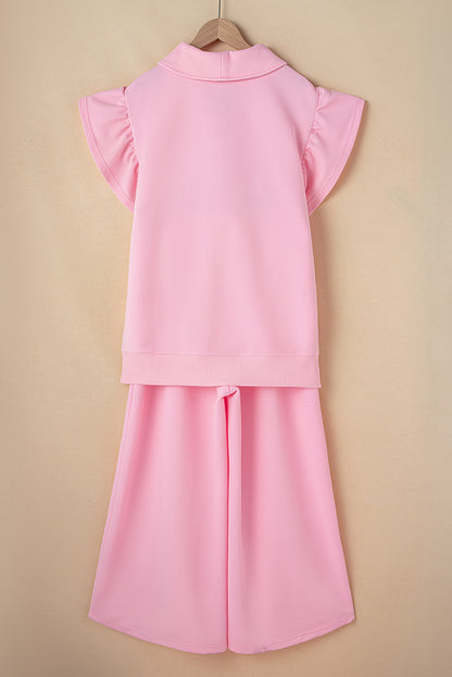 Textured Ruffle Sleeve Solid Color Two-Piece Set