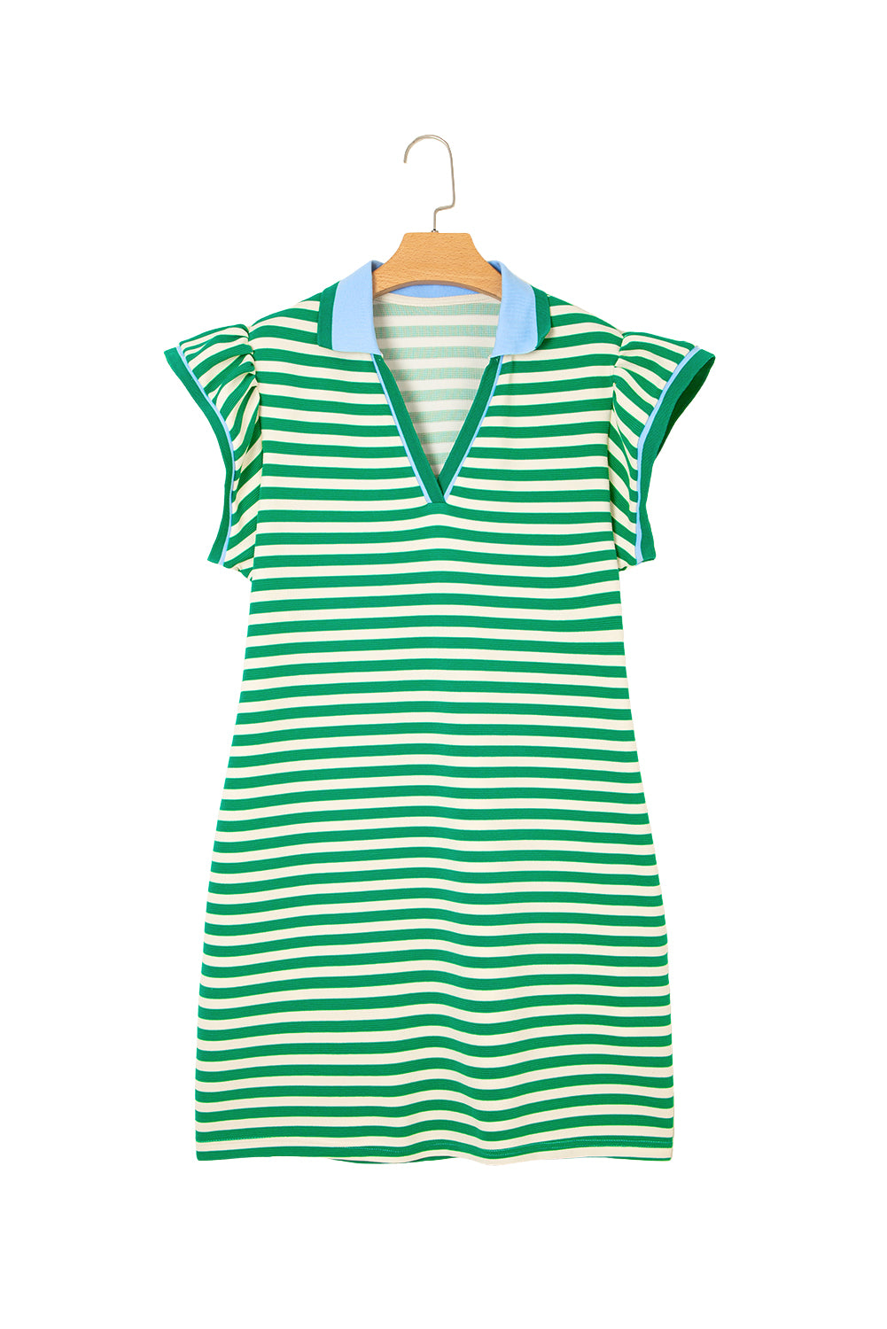 Green Stripe Contrast Collar Flutter Sleeve Mini Dress