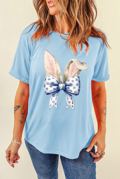Easter Bunny Ears Bow Graphic Crewneck T Shirt