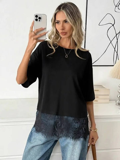 Women's Lace Hem Patchwork Short Sleeve Tee