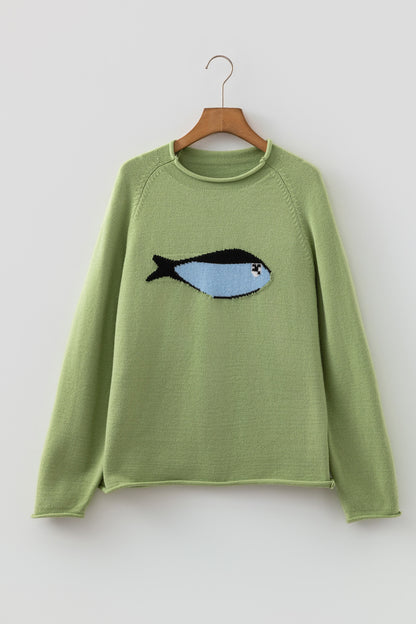 Meadow Mist Green Fish Graphic Oversized Knit Sweater