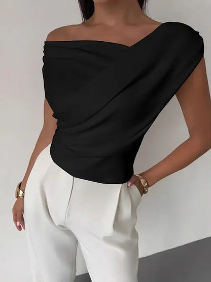 Solid Draped One Shoulder Asymmetric Ruched Slim Top