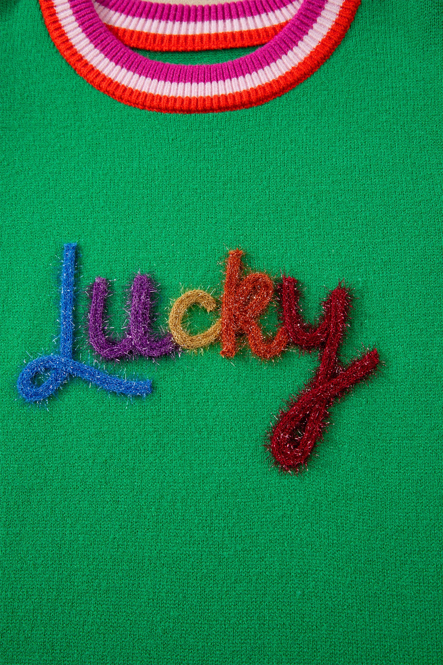 Green St Patrick Lucky Embroidered Striped Sleeve Knit Tee