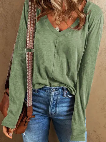 Grass Green V Neck Long Sleeve Casual Knit Top