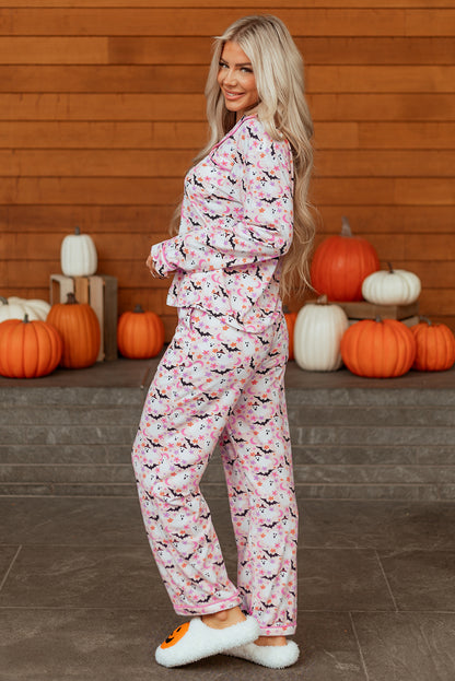 Pink Halloween Ghost Bat Print Pajama Set for Women