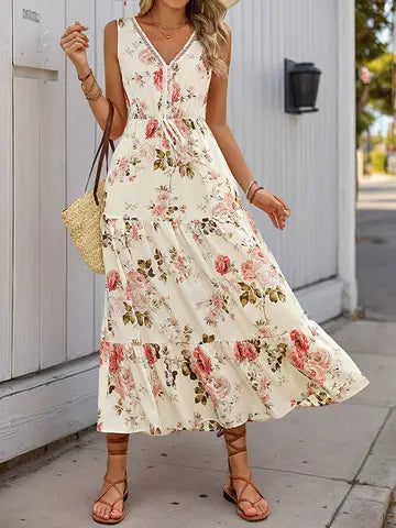 Floral V-Neck Sleeveless Maxi Dress with Tie Waist