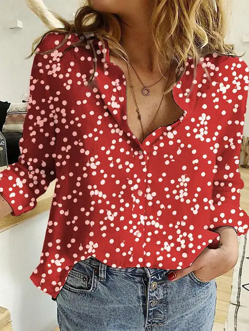 Women’s V-Neck Polka Dot Blouse Long Sleeve Casual Top