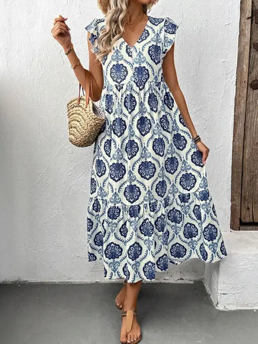 Boho V-Neck Sleeveless Maxi Dress with Floral Print