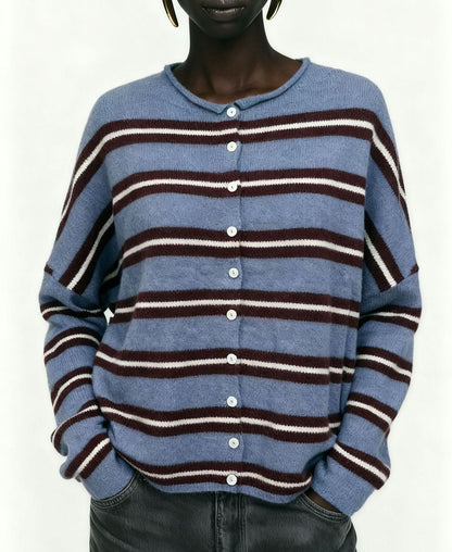 Women's Oversized Striped Button Front Knit Cardigan
