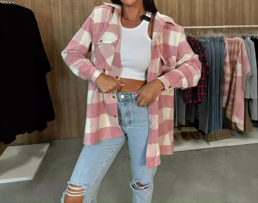 Women's Plaid Shacket Long Sleeve Button Down Jacket