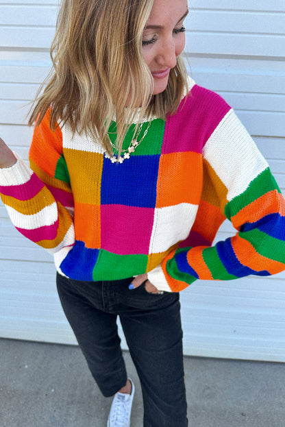 Orange Checkered Color Block Round Neck Loose Sweater