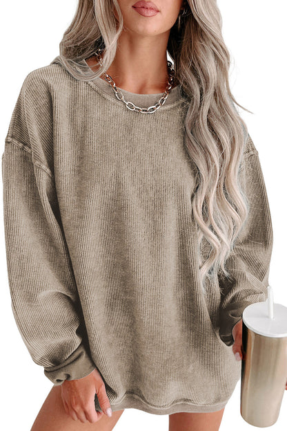 Round Neck Solid Ribbed Knit Pullover Sweatshirt