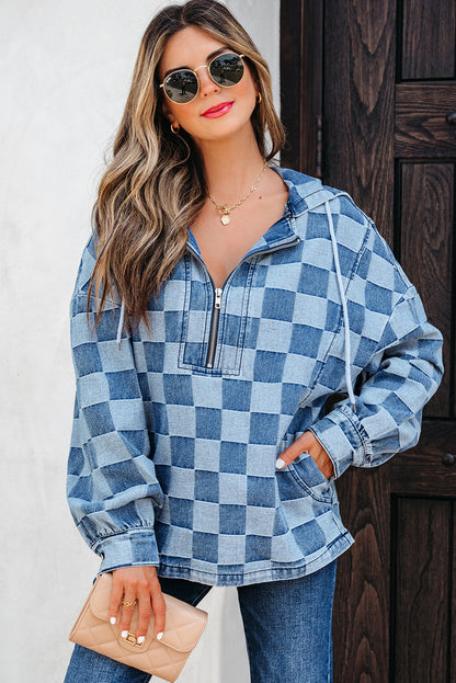 Sky Blue Checkerboard Quarter Zip Denim Hoodie with Pocket