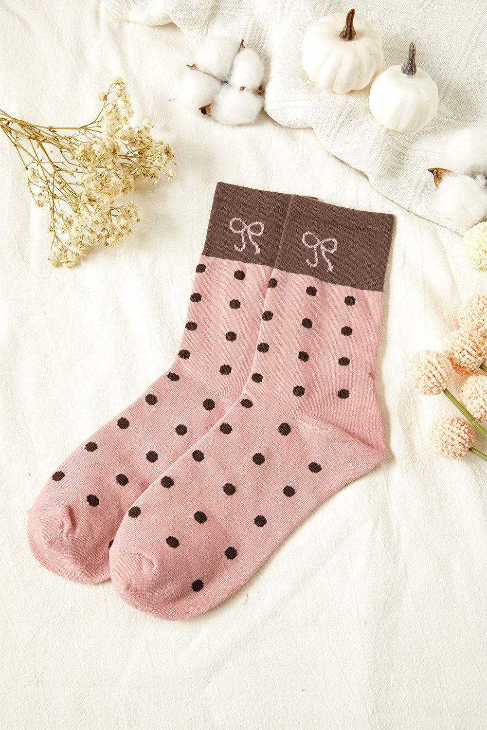 Polka Dot Bow Crew Socks Soft Cute Contrast Block