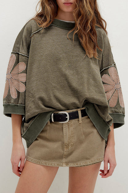 Mineral Wash Floral Patchwork Oversized Raw Seam Top