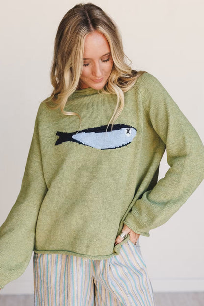 Meadow Mist Green Fish Graphic Oversized Knit Sweater