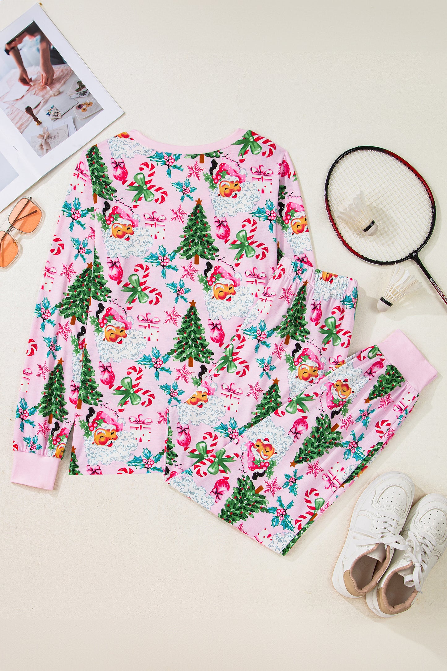 Christmas Tree Print Button Lounge Set for Women 2pcs