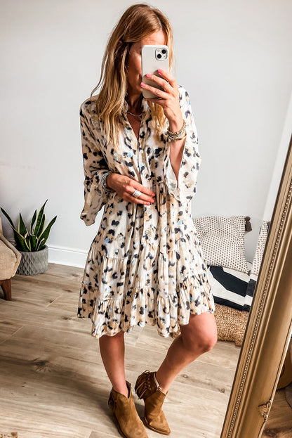 Khaki Leopard Button Front Tiered Ruffle Mini Dress