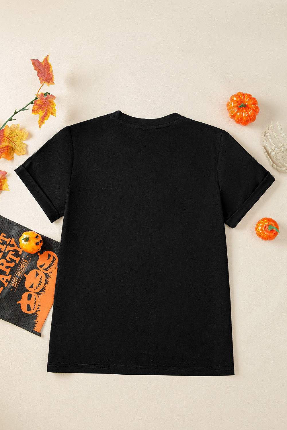 Women's Black Sequin Pumpkin Halloween T-Shirt