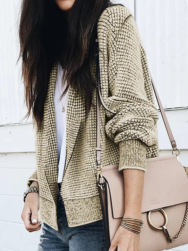 Contrast Trim Plaid Open-Front Knit Cardigan