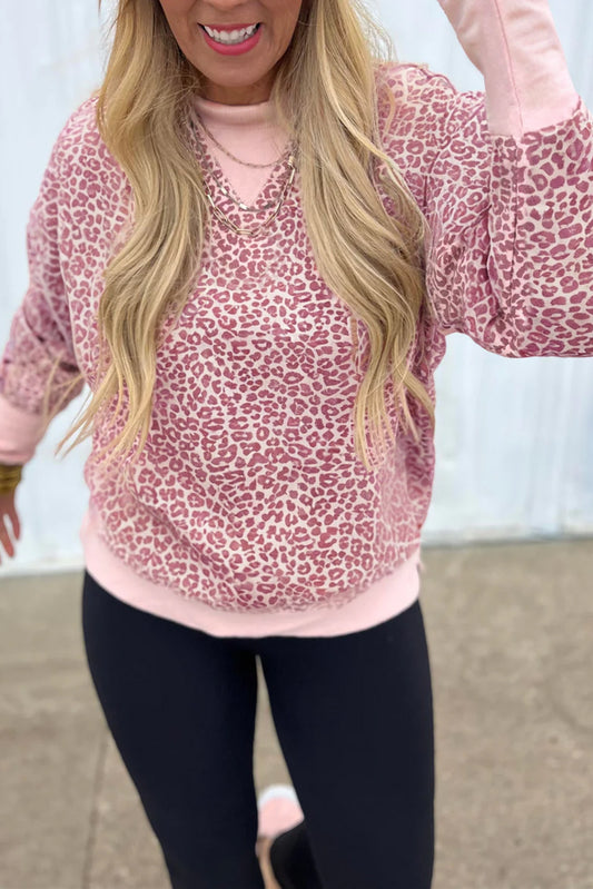 Leopard Print Long Sleeve Crew Neck Casual Sweatshirt