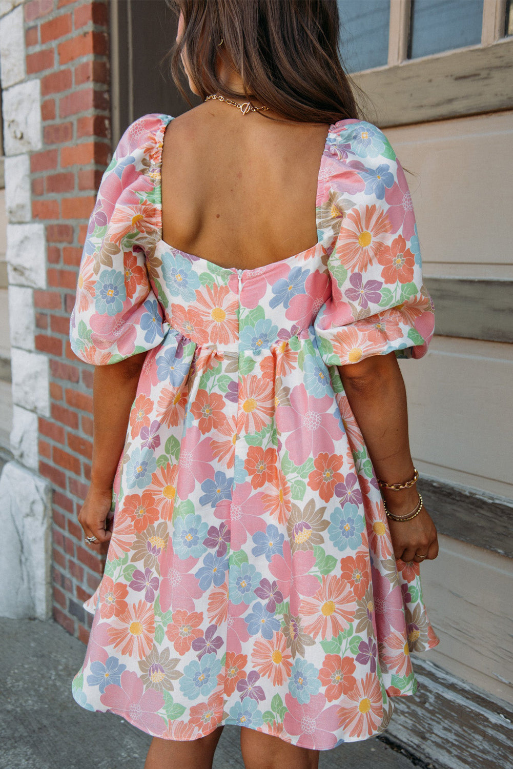 Pink Floral Square Neck Puff Sleeve Babydoll Dress