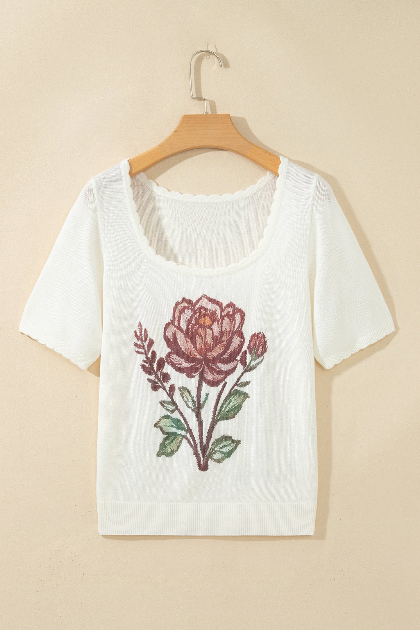 Western Floral Knit Top Square Neck Short Sleeve Sweater