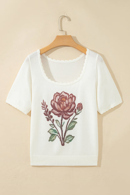 Western Floral Knit Top Square Neck Short Sleeve Sweater