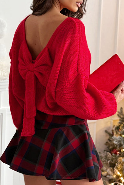Valentine’s Day Red Bow Backless Bubble Sleeve Sweater
