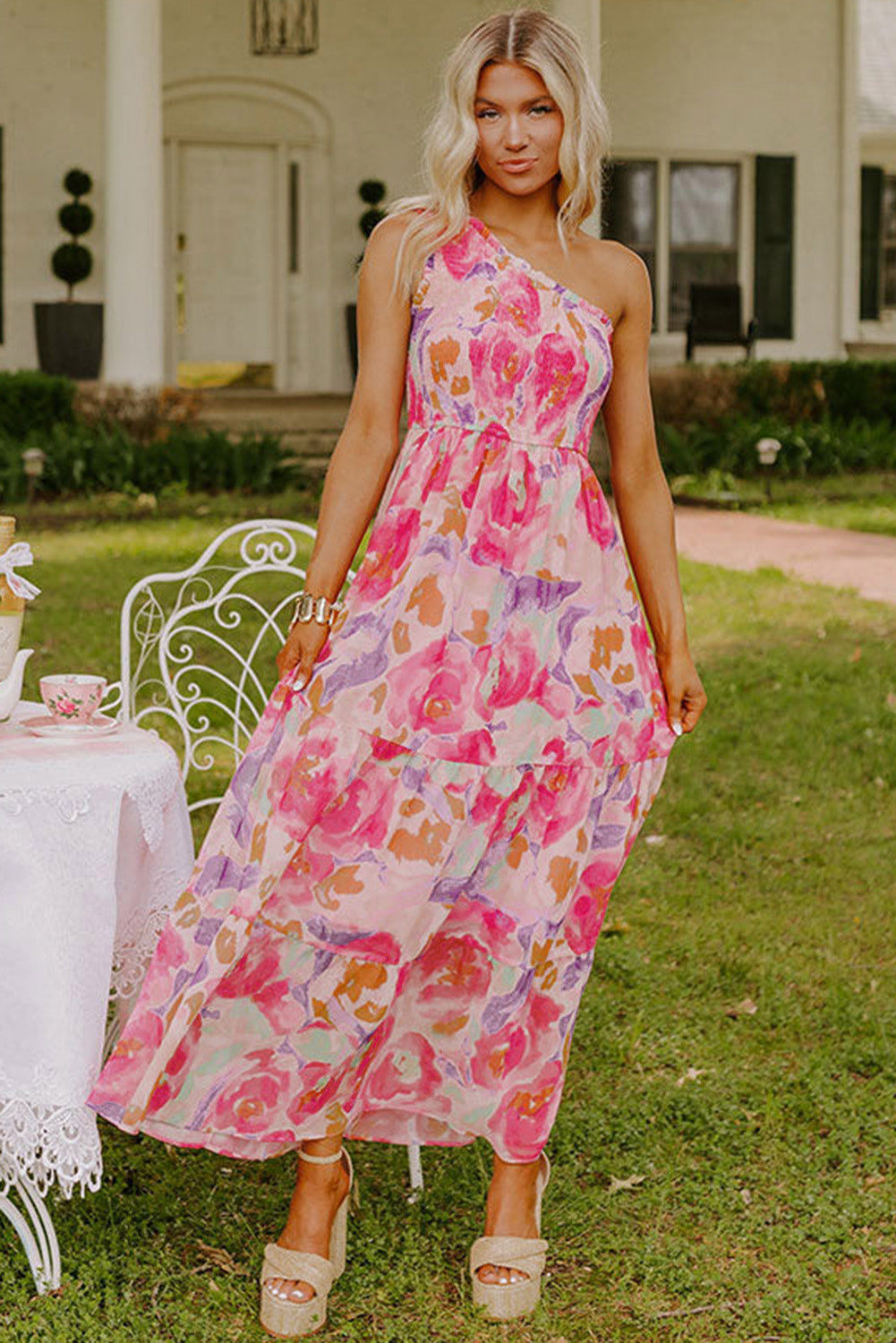 Pink Floral One Shoulder Smocked Tiered Maxi Dress