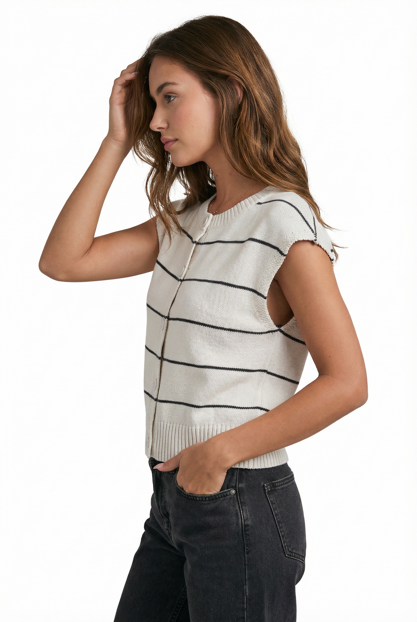 Striped Button Front Sleeveless Sweater Vest Top