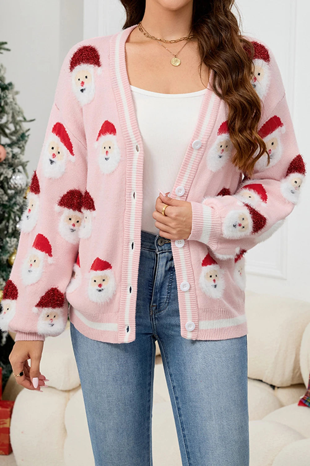Black Christmas Santa Claus Pattern Button V Neck Sweater Cardigan